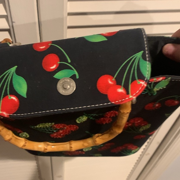 Cherry Red and black bucket purse with bamboo handles 11”X13” - Picture 6 of 8